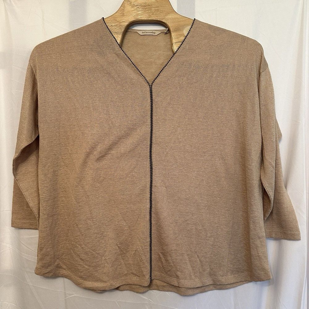 SOFT SURROUNDINGS Plus Size 1XL‎ Beige Long Sleeve Tunic Top Beaded
